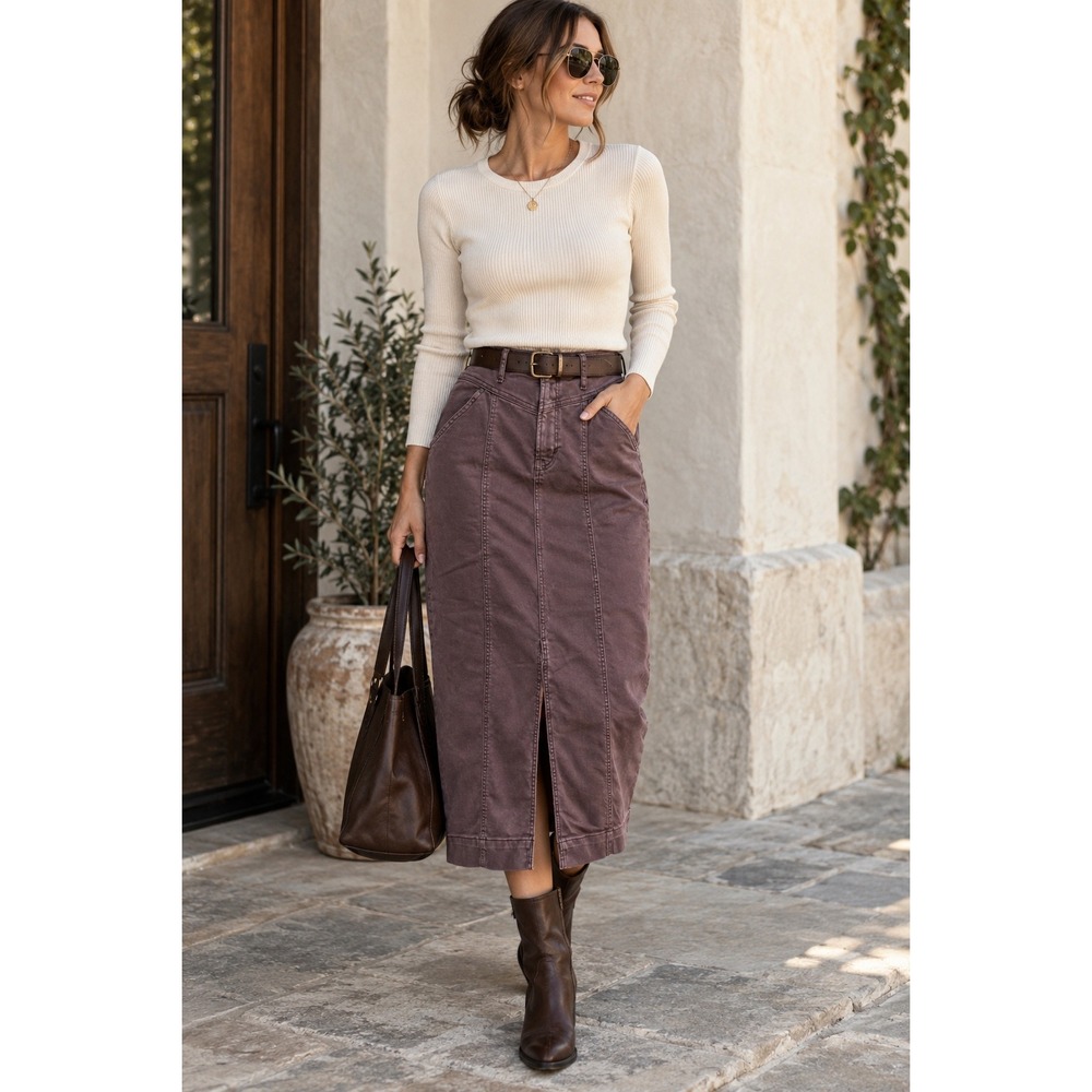 a.n.a High-Rise Denim Midi Skirt Brown Mauve Plum Seam Detail Size 10